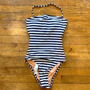Cross-back bandeau one-piece in classic stripe